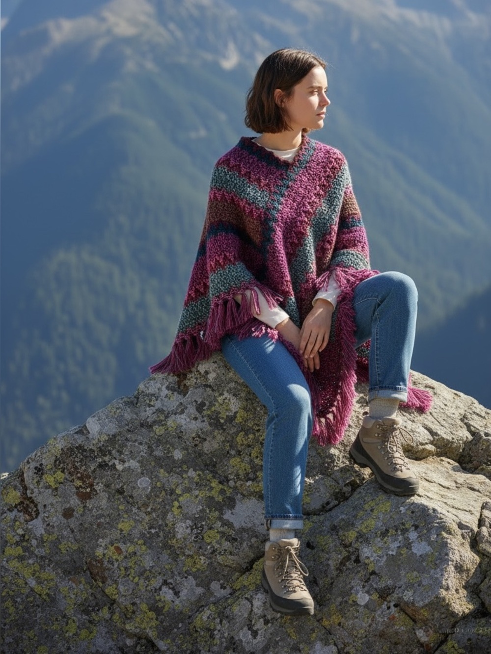 Crochet Knit Poncho Fringe in Vibrant Colors NWT (K-1)